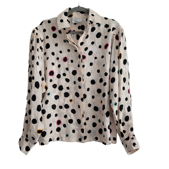 VTG Francesca of Damon 100% Silk Cream Spotted Long Sleeve Button Up Blouse Top - Picture 1 of 13